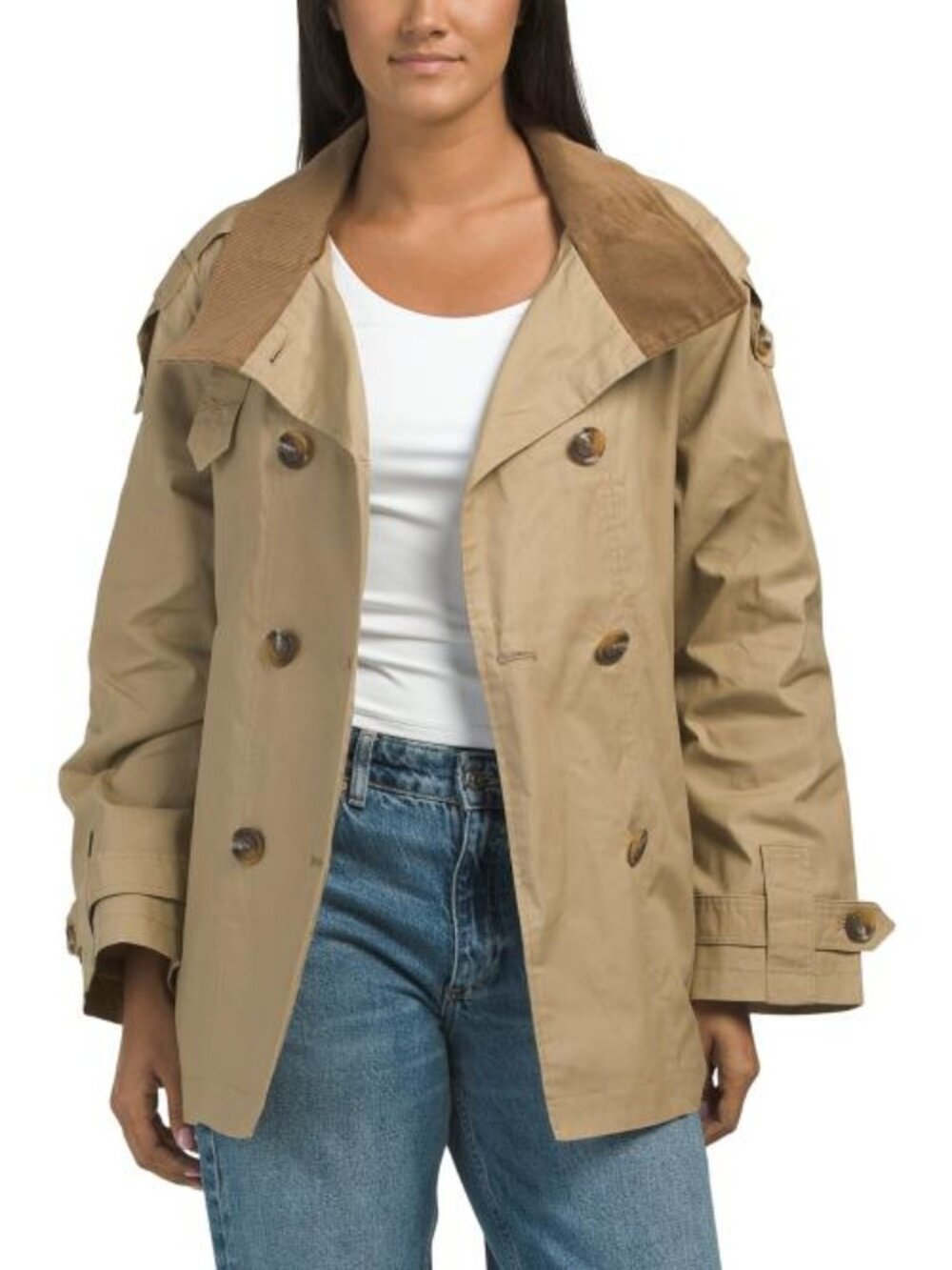 SAM EDELMAN Double Breasted Corduroy Stand Collar Raincoat